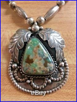 Native Am Navajo Sterling Silver Bead Necklace with Large Turquoise Pendant 925