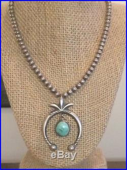 Native Am Navajo Sterling Silver Turquoise Naja Pendant Sterling Beads Necklace
