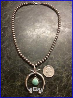 Native Am Navajo Sterling Silver Turquoise Naja Pendant Sterling Beads Necklace