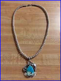Native Am Navajo Sterling Silver Turquoise Pendant on Sterling Bead Necklace