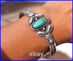 Native Am Royston Turquoise Bracelet Signed Sterling Silver Jewelry sz 7