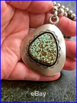 Native Am Sterling Silver Bead Necklace & HUGE Spiderweb Turquoise Pendant 68 GR