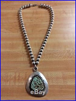 Native Am Sterling Silver Bead Necklace & HUGE Spiderweb Turquoise Pendant 68 GR