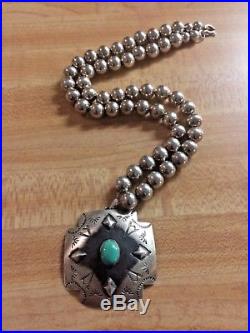 Native Am Sterling Silver Bead Necklace & Stamped Sterling Turquoise Pendant