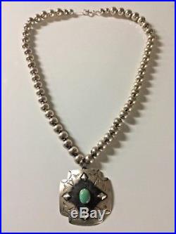 Native Am Sterling Silver Bead Necklace & Stamped Sterling Turquoise Pendant