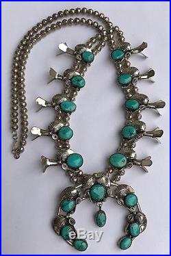 Native American Bisbee Turquoise Sterling Silver Squash Blossom Leaf Necklace