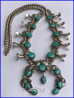 Native American Bisbee Turquoise Sterling Silver Squash Blossom Leaf Necklace