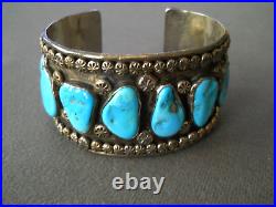 Native American Blue Turquoise Row Sterling Silver Solar Stamps Bracelet 82g