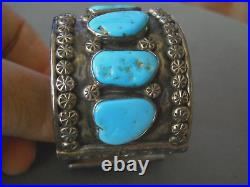 Native American Blue Turquoise Row Sterling Silver Solar Stamps Bracelet 82g