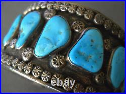 Native American Blue Turquoise Row Sterling Silver Solar Stamps Bracelet 82g