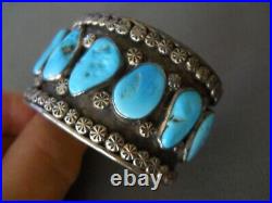 Native American Blue Turquoise Row Sterling Silver Solar Stamps Bracelet 82g