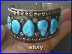 Native American Blue Turquoise Row Sterling Silver Solar Stamps Bracelet 82g