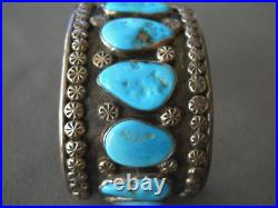 Native American Blue Turquoise Row Sterling Silver Solar Stamps Bracelet 82g