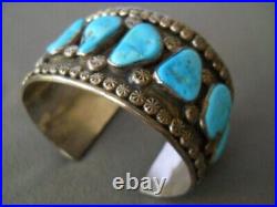 Native American Blue Turquoise Row Sterling Silver Solar Stamps Bracelet 82g