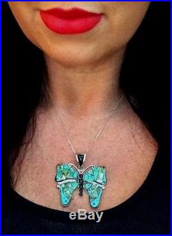 Native American Butterfly Sterling Silver Pendant Turquoise and Abalone Inlay