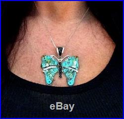 Native American Butterfly Sterling Silver Pendant Turquoise and Abalone Inlay