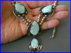 Native American Dry Creek Webbed Turquoise & Coral Sterling Silver Bead Necklace