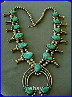 Native American Fox Turquoise Sterling Silver Squash Blossom Bead Necklace
