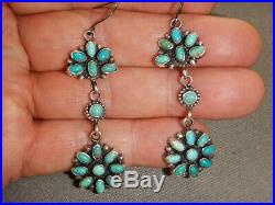 Native American Green Blue Turquoise Flower Cluster Sterling Silver Earrings