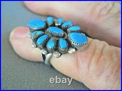 Native American Indian Rich Blue Turquoise Cluster Sterling Silver Ring B 4 1/2