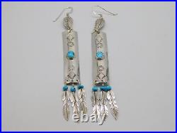 Native American Indian Sterling Silver Turquoise Stone Dangle Feather Earrings