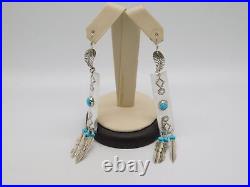 Native American Indian Sterling Silver Turquoise Stone Dangle Feather Earrings