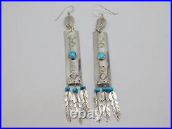 Native American Indian Sterling Silver Turquoise Stone Dangle Feather Earrings