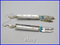 Native American Indian Sterling Silver Turquoise Stone Dangle Feather Earrings