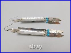 Native American Indian Sterling Silver Turquoise Stone Dangle Feather Earrings