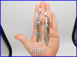 Native American Indian Sterling Silver Turquoise Stone Dangle Feather Earrings