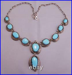 Native American Indian Sterling Silver Turquoise Stone Squash Blossom Necklace