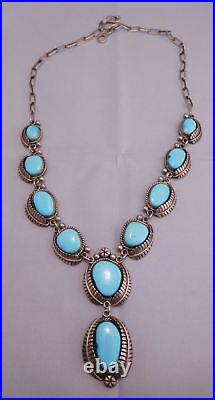 Native American Indian Sterling Silver Turquoise Stone Squash Blossom Necklace