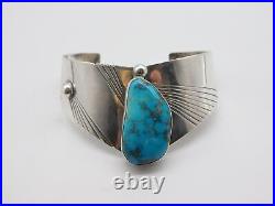 Native American Indian Sterling Silver Turquoise Stone Tribal Cuff Bracelet