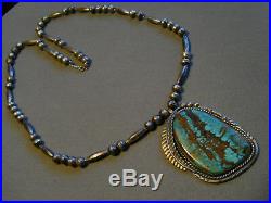 Native American Indian Turquoise Sterling Silver Bead Necklace Signed JOSEPHINE