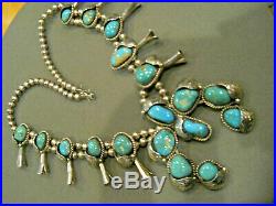 Native American Indian Turquoise Sterling Silver Squash Blossom Bead Necklace