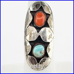 Native American Jewelry Sterling Silver Turquoise Coral Shadowbox Ring Size 5