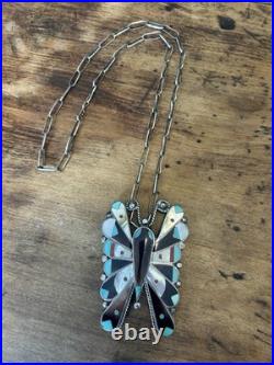 Native American Multi-stone Mid-century Inlay Butterfly Pendant Necklace Native American Multi-stone Mid-century Inlay Butterfly Pendant Necklace