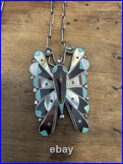 Native American Multi-stone Mid-century Inlay Butterfly Pendant Necklace