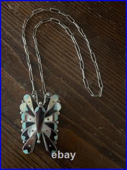 Native American Multi-stone Mid-century Inlay Butterfly Pendant Necklace