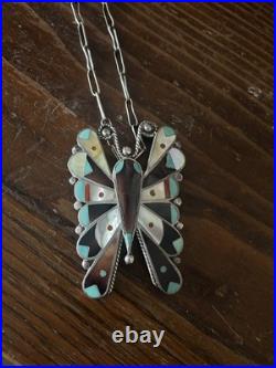 Native American Multi-stone Mid-century Inlay Butterfly Pendant Necklace Native American Multi-stone Mid-century Inlay Butterfly Pendant Necklace