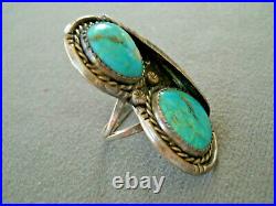 Native American Navajo 2-Stone Turquoise in Tandem Sterling Silver Feather Ring