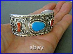 Native American Navajo All Blue Turquoise & Corals Sterling Silver Bracelet