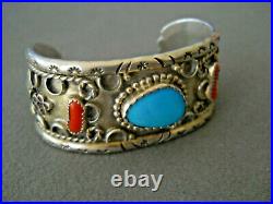 Native American Navajo All Blue Turquoise & Corals Sterling Silver Bracelet