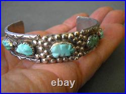 Native American Navajo Blue-Green Carved Turquoise Row Sterling Silver Bracelet