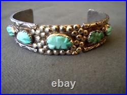 Native American Navajo Blue-Green Carved Turquoise Row Sterling Silver Bracelet