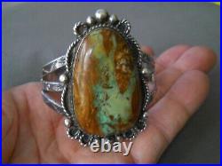 Native American Navajo Boulder Ribbon Turquoise Sterling Silver Stamped Bracelet