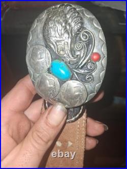 Native American Navajo Buffalo Belt Buckle Sterling Silver Turquoise