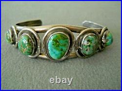 Native American Navajo Green Blue Royston Turquoise Row Sterling Silver Bracelet