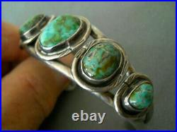 Native American Navajo Green Blue Royston Turquoise Row Sterling Silver Bracelet