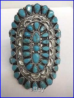 Native American Navajo Hand Made Sterling Silver Turquoise Cluster Cuff Bracelet